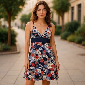 Patagonia Small Margot Dress Floral‎ Navy Orange Sleeveless Stretch Cotton Knit